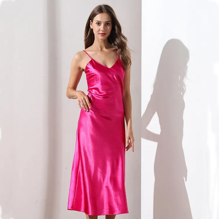 Women&#39;s Satin Nightgown Long Slip Sleep Dress Silk V Neck Sleepwear Solid Color Nightwear