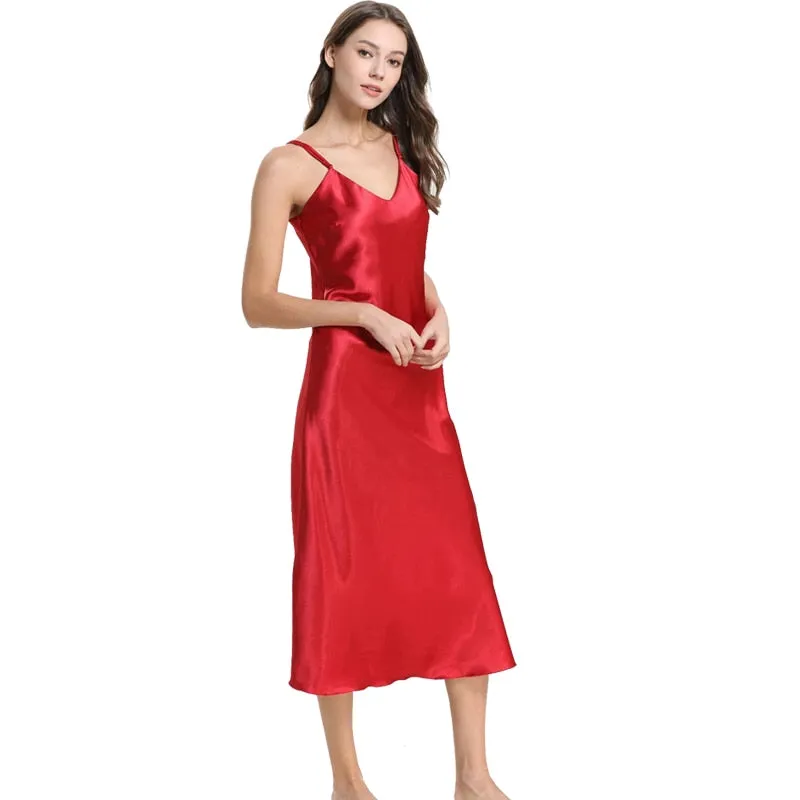 Women&#39;s Satin Nightgown Long Slip Sleep Dress Silk V Neck Sleepwear Solid Color Nightwear