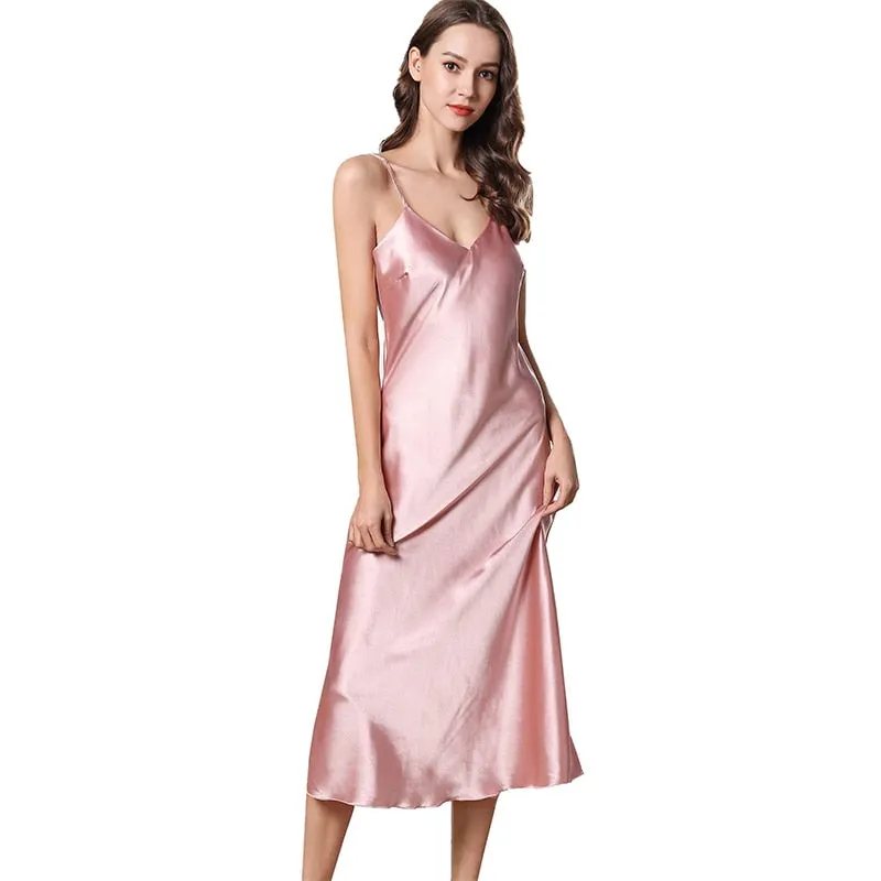 Women&#39;s Satin Nightgown Long Slip Sleep Dress Silk V Neck Sleepwear Solid Color Nightwear