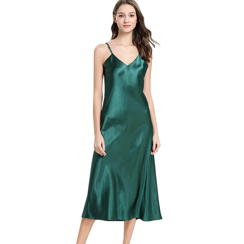 Women&#39;s Satin Nightgown Long Slip Sleep Dress Silk V Neck Sleepwear Solid Color Nightwear