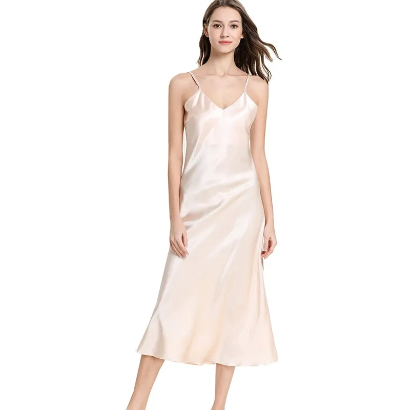 Women&#39;s Satin Nightgown Long Slip Sleep Dress Silk V Neck Sleepwear Solid Color Nightwear