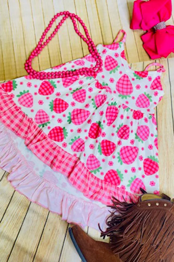 XCH0888-19H Kids pink plaid strawberry printed sleeveless girls swirl dresses